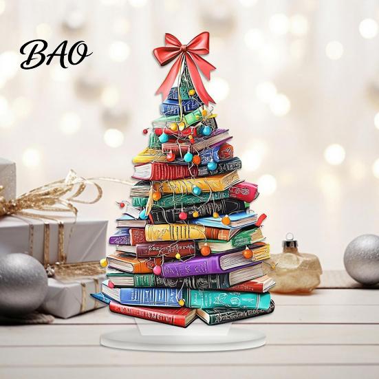 Artistic Holiday Room Accents Stacked Book Christmas Tree Ornament, 2D Flat Stacking Hanging Decoration, Acrylic Ornament Gift Reading Theme Pendant,