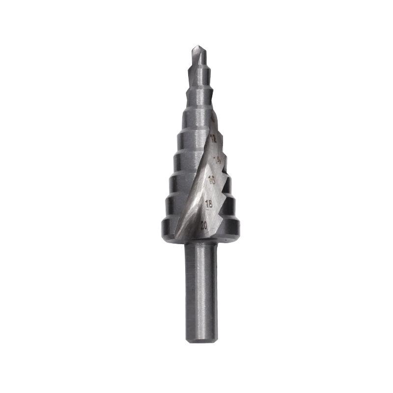 Silver Spiral Groove Step Drill, High-Speed Steel 4241 Cone, Triangle Shank, Sizes: 4-12mm, 4-20mm, 4-32mm (White).