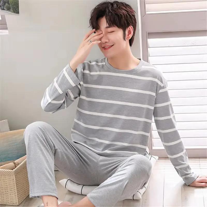 

2 комплекта мужской пижамы, комплект длинных брюк с длинными рукавами, одежда для сна для студентов, домашняя одежда, полосатая ночная рубашка с рисунком из мультфильма, одежда для отдыха M серый