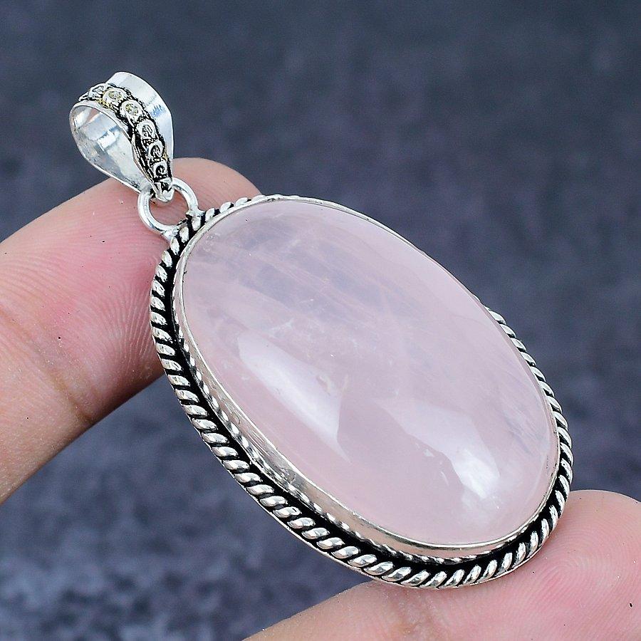 Natural Rose Quartz Gemstone 925 Sterling Silver Jewelry Pendant 2.17" H0y28