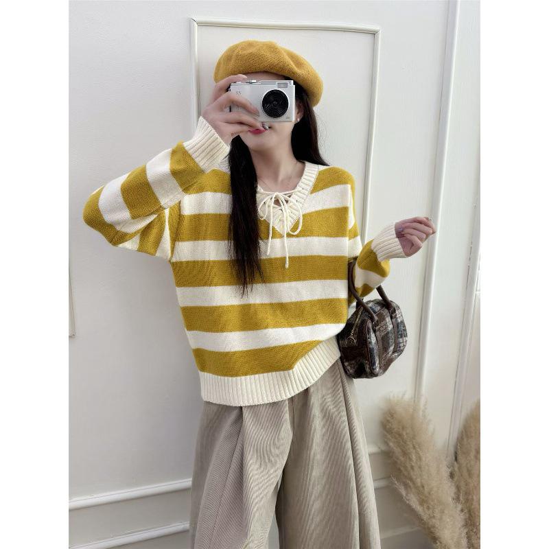 Cross-Color Striped Lace-Up Knit Sweater: Loose Long-Sleeve Top for Women, Perfect for Spring and Autumn