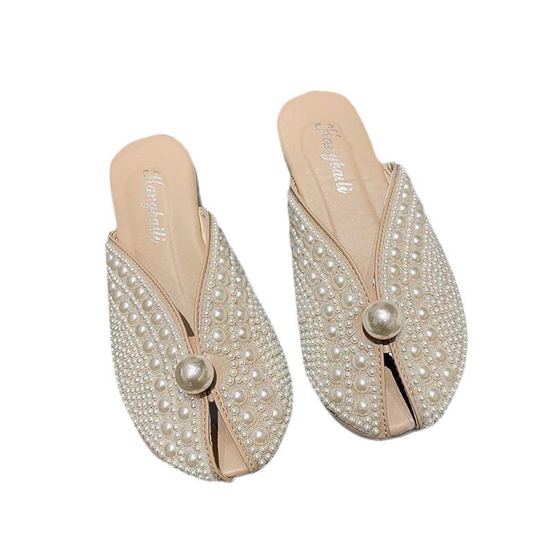 Baotou half slippers women's summer wear 2025 new Korean version of pearl fairy wind flat bottom soft bottom lazy cool slippers