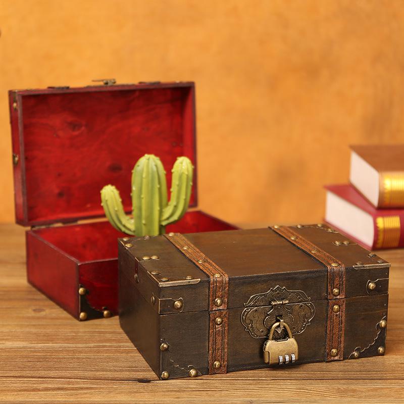 Retro Wooden Rectangular Storage Box Set with Lock - Creative Organizer & Decorative Props