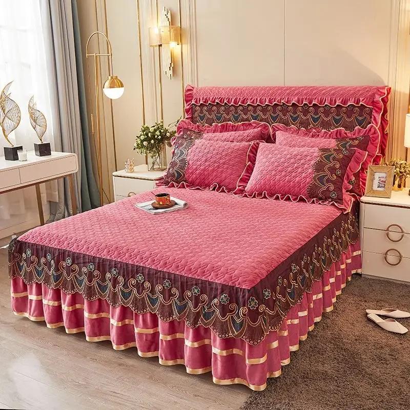 Soft Ruffles Bedskirt Set Queen European Vintage Lace Velvet Thicken Bedspread King Size Wedding Quilted