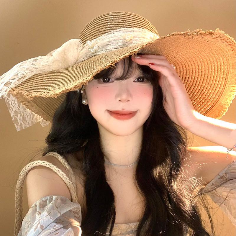 French Lace Bow Summer Wide Brim Hat For Sun Protection Beach Vacation Fans