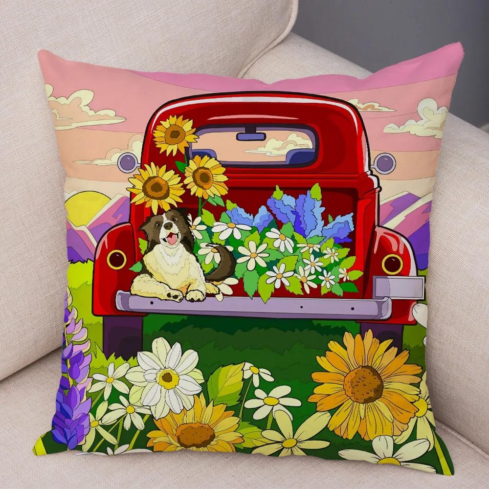 Both Sides Pillow Case Decor Happy Camper Cartoon House Travel Car Cushion Cover for Sofa Home Super Soft Plush Pillowcase