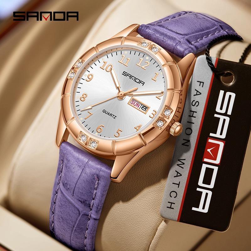 SANDA Womens Watch Original Elegant Simple Quartz Wristwatch Waterproof Luminous Leather Strap Ladies Watches Women's Gift