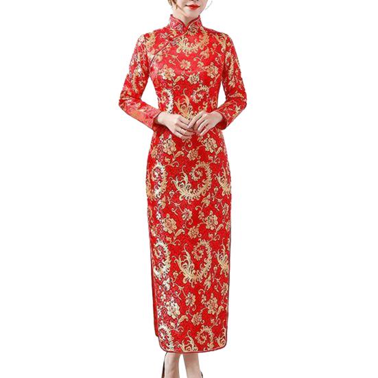 Dámské Klasické čínské šaty Čínský styl Vintage květinový potisk Stojánek Límec Dlouhý rukáv Rozdělený Délka kotníku Maxi šaty Qipao Cheongsam