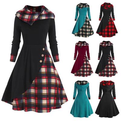 Mode Damen Casual Elegant Plaid Print Rollkragenpullover Midikleid mit Kapuze