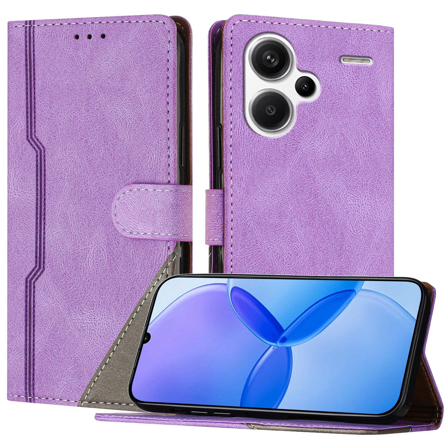 

For Xiaomi Redmi Note 13 Pro+ 5G Leather Case Triangle Patchwork Wallet Stand Shockproof Phone Cover Purple