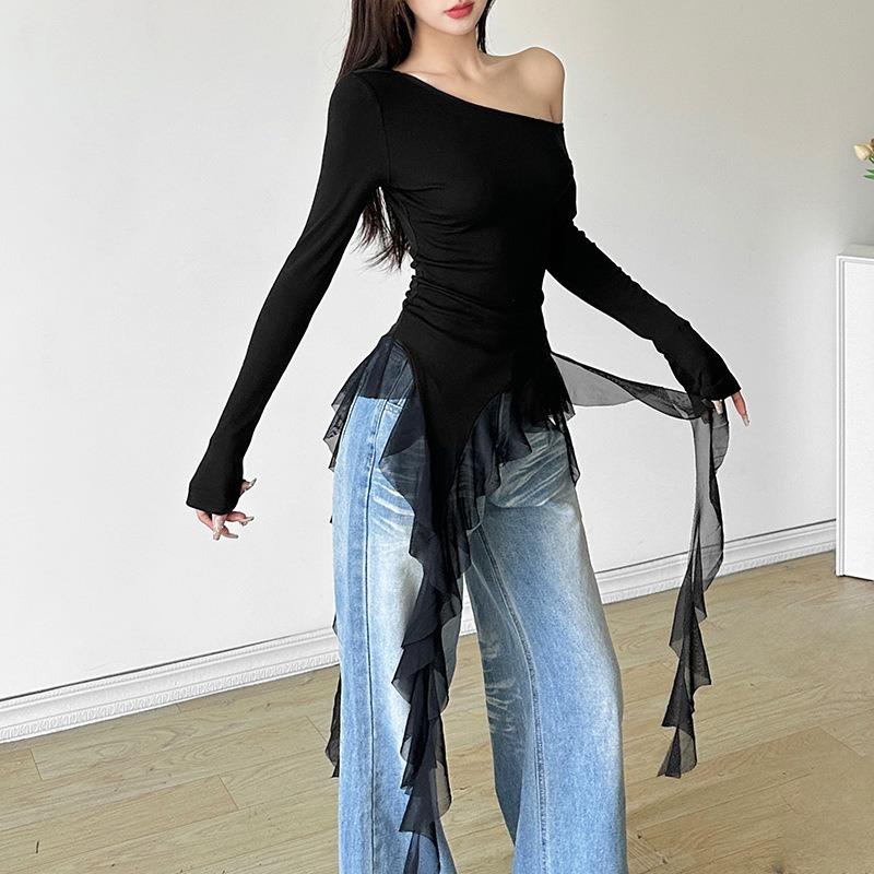 Off Shoulder Ruffles Tassel Long Sleeve T Shirt Women Sweet Streetwear Sweet Blouse Gentle Party Basic Top Slim Fit Black Tees Shirt Sexy New Shirt