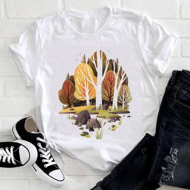 Casual Flowers Forest Graphic Women's T-Shirt Summer Blouse Loose 90S Short Sleeve O-Neck Tees Ladies White Tops Female Clothing