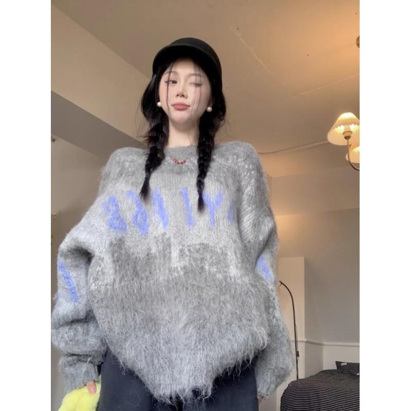 

Серый свитер с градиентным переходом букв, женский осенне-зимний трикотажный свитер с круглым вырезом, ленивый стиль, длинные рукава, свободный топ для улицы серый