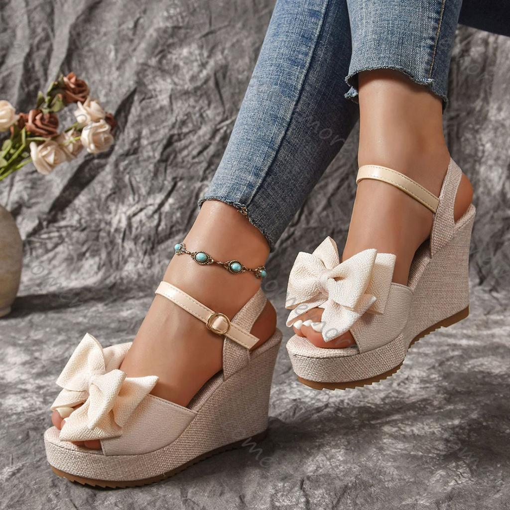 Comemore Women Sandals Bow Wedges High Heels Sandals Women New Peep Toe Platform Sandal Casual Party Daily Woman Shoes