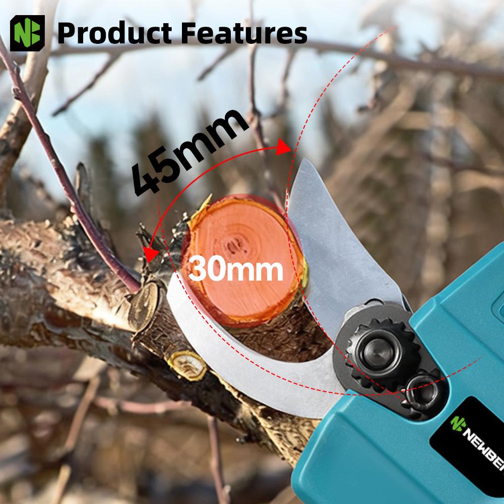 Newbeny 2 rychlosti 30mm elektrické zahradnické nůžky na prořezávání ovocných stromů, bonsají, akumulátorové prořezávací nůžky, elektrické nářadí pro 18V baterii Makita s kolíkem