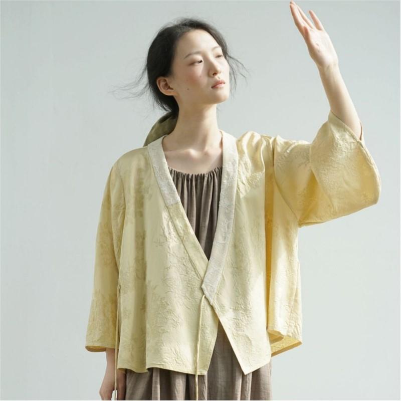 Johnature Women Vintage Jacquard Coats Bandage Chinese Style V-Neck Blouses Spring Soft High Quality Coats