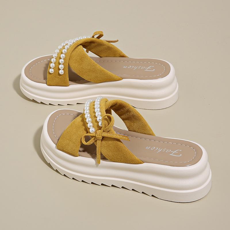 

5Cm thick-soled slippers women s summer wear new pearl bow cross sandals with skirt one-word sandals 40 жёлтый
