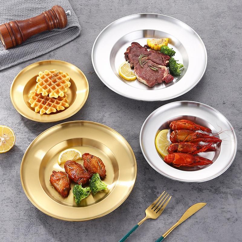 Round Kitchen Bar Tableware Cake And Fruit Snack Salad Plate Kitchen Accessories Stainless Steel Plate Camping Picnic Plate