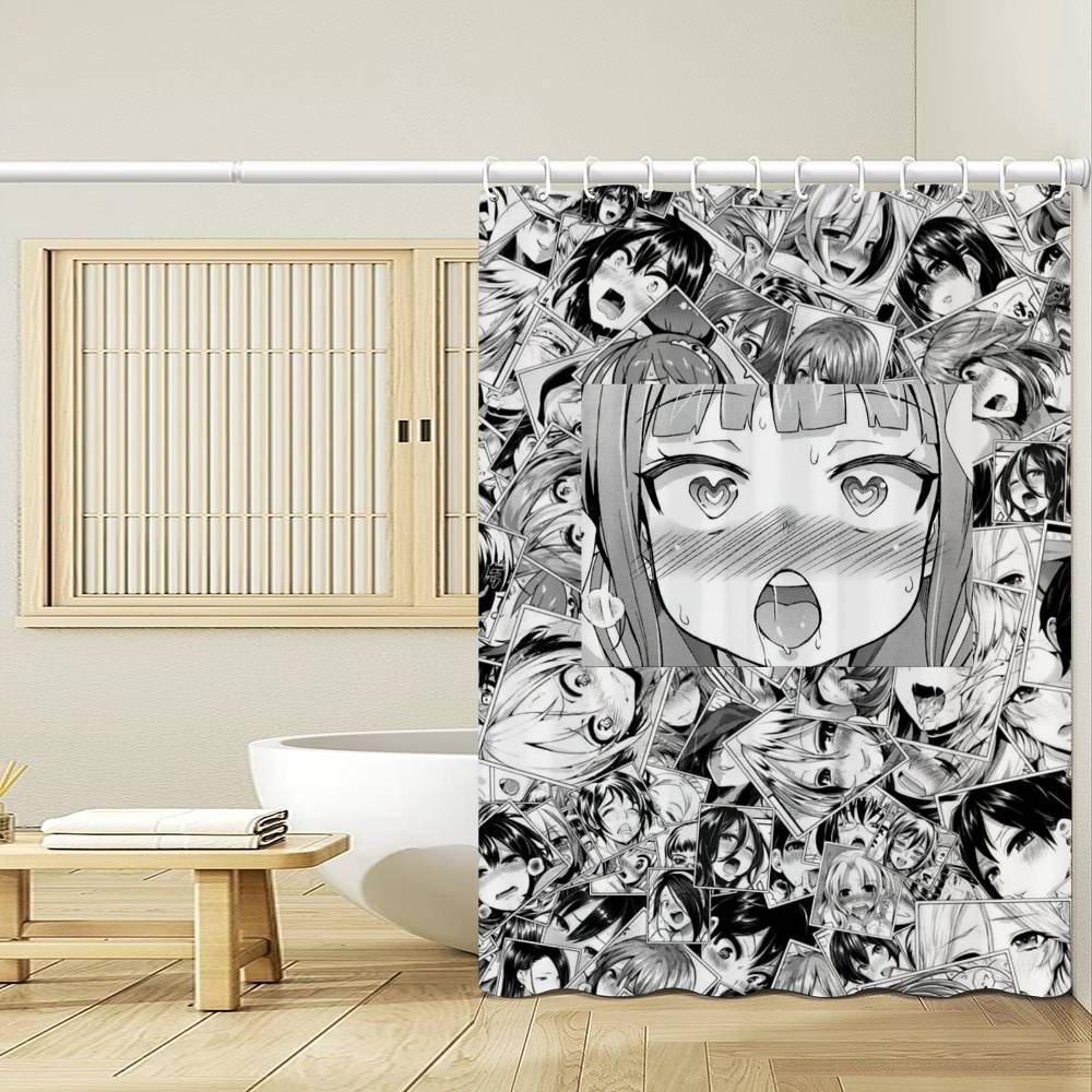 A-Ahegao M-Manga Girl  Shower Curtain Outdoor Scenery Summer Vacation Bathroom Decor Holiday Polyester Bath Curtain with Hooks