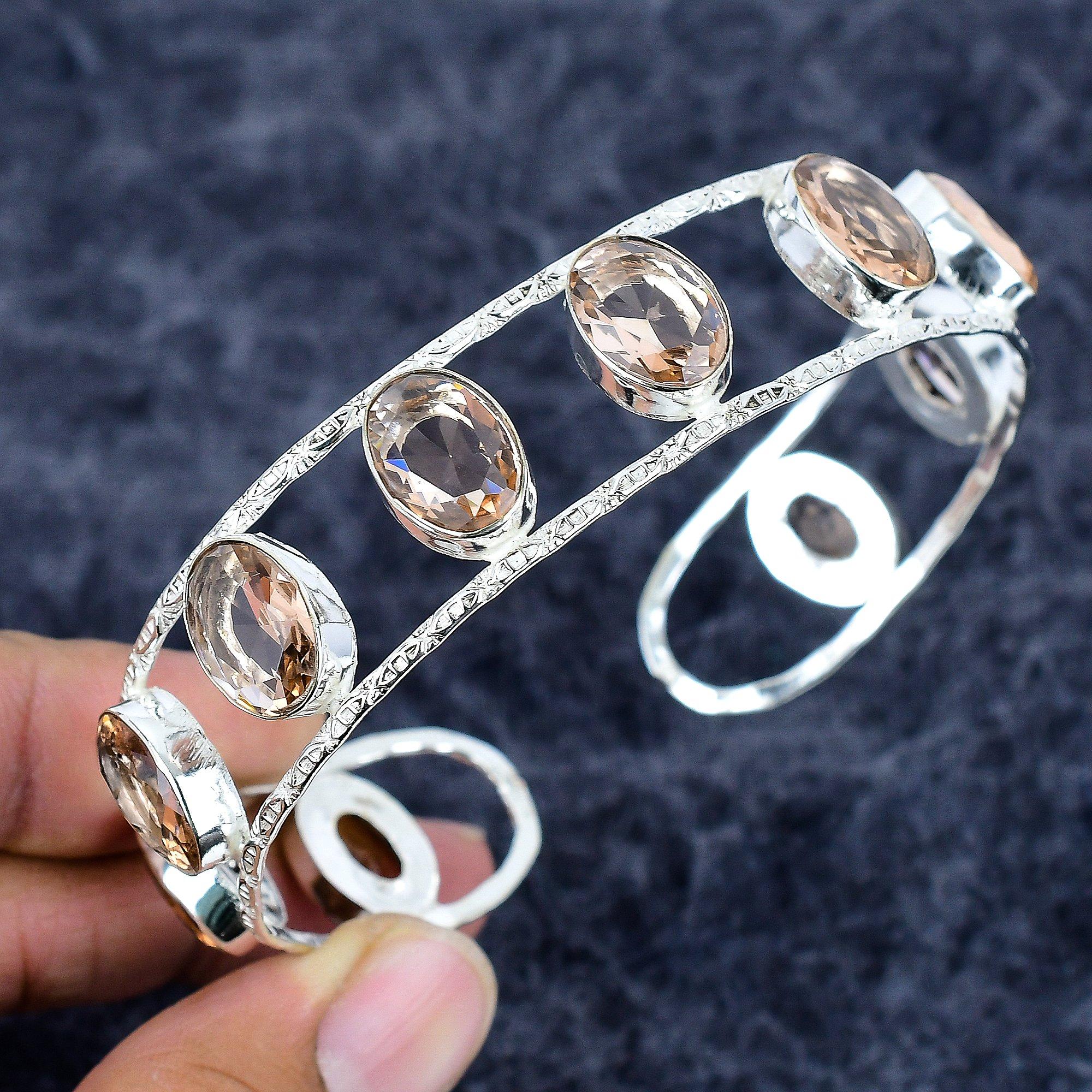 

Morganite Gemstone Handmade 925 Sterling Silver Cuff Bangle Adjustable M-3328