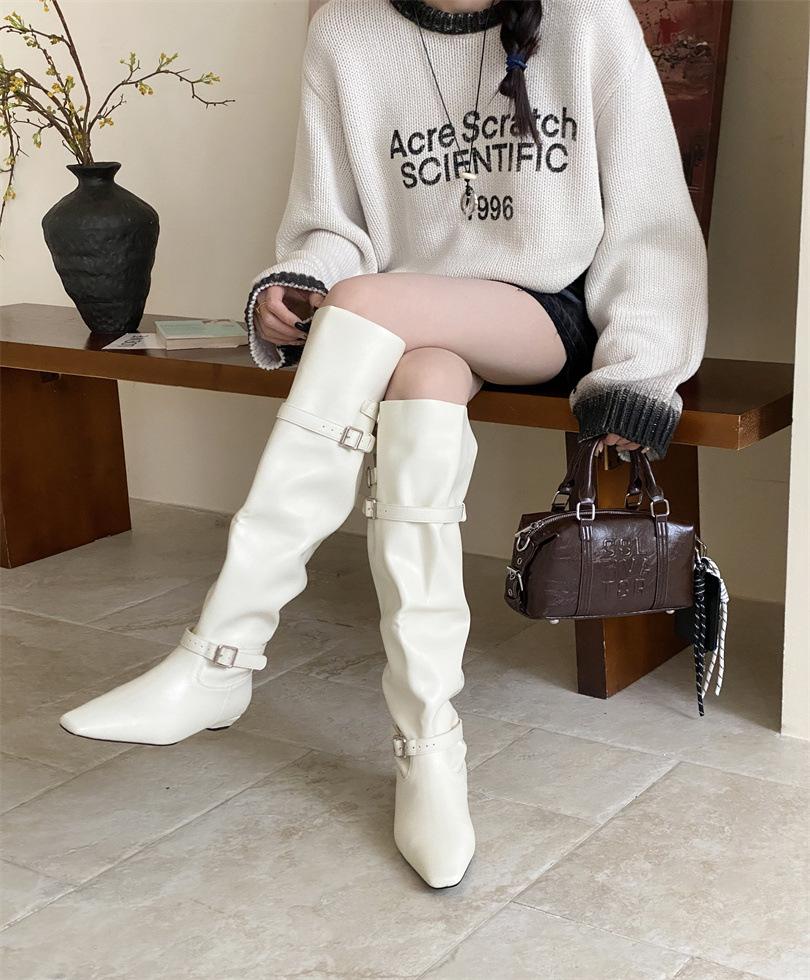 2025 Autumn and Winter New Big Tube Circumference Stacking Boots Thick Heel Pointed Belt Buckle High Tube Knight Boots Spice Girl Wide Tube Boots