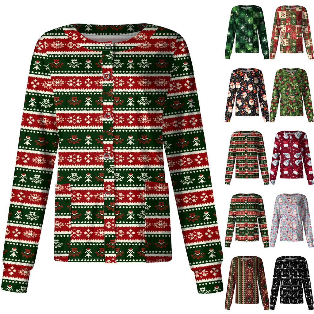 Women's Casual Long-sleeved Single-breasted Christmas Printed Protective Clothing Cardigan Top