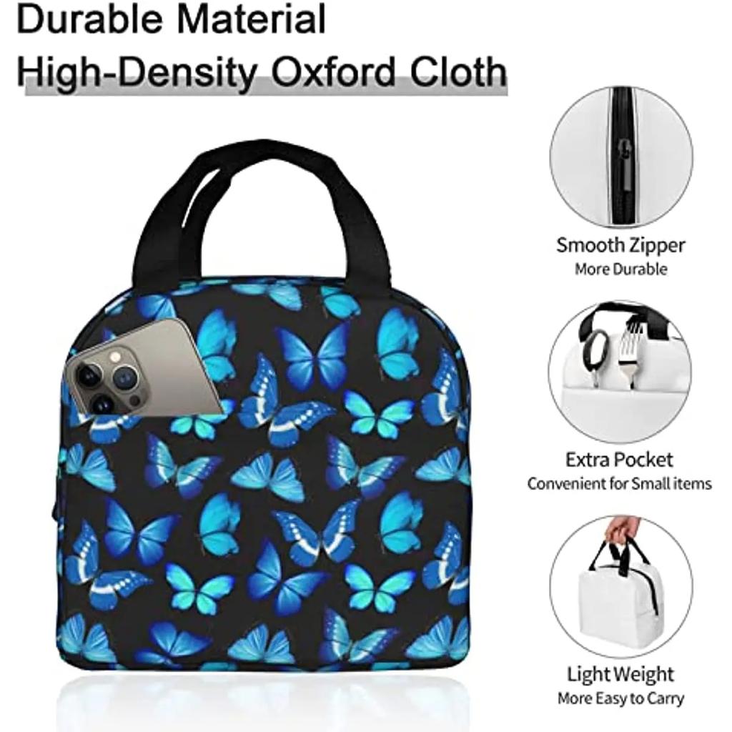 Insulated Lunch Bag Box for Women with Blue Butterfly Print Cute Lunch Cooler Thermal Waterproof Reusable Tote Bag with Pocket
