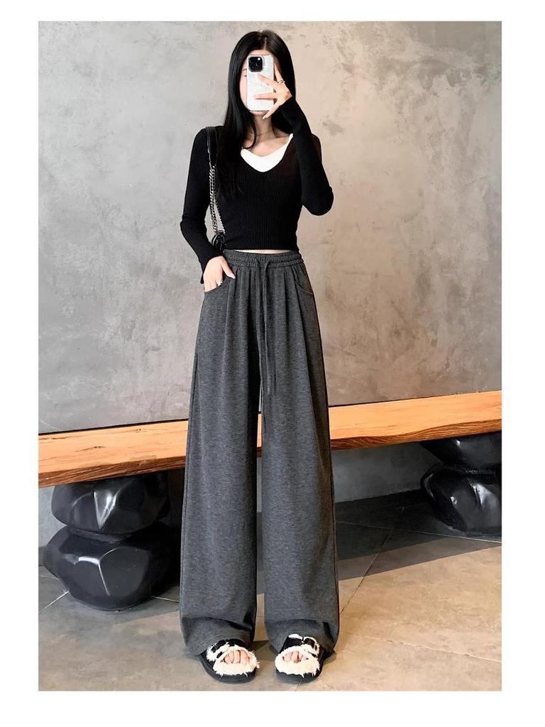 145cm High-Waisted Narrow-Leg Drawstring Knit Pants – Korean Style Women's Early Autumn Pocket Pants