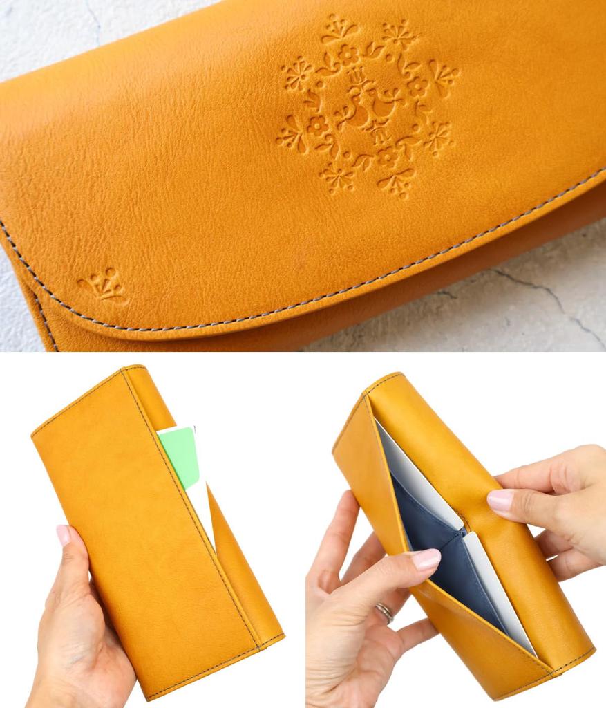 Long Flap Wallet with Flower and Bird Embossed Cowhide 0332461 [Box 21] Design, Leftia, Leather, (Green (50))