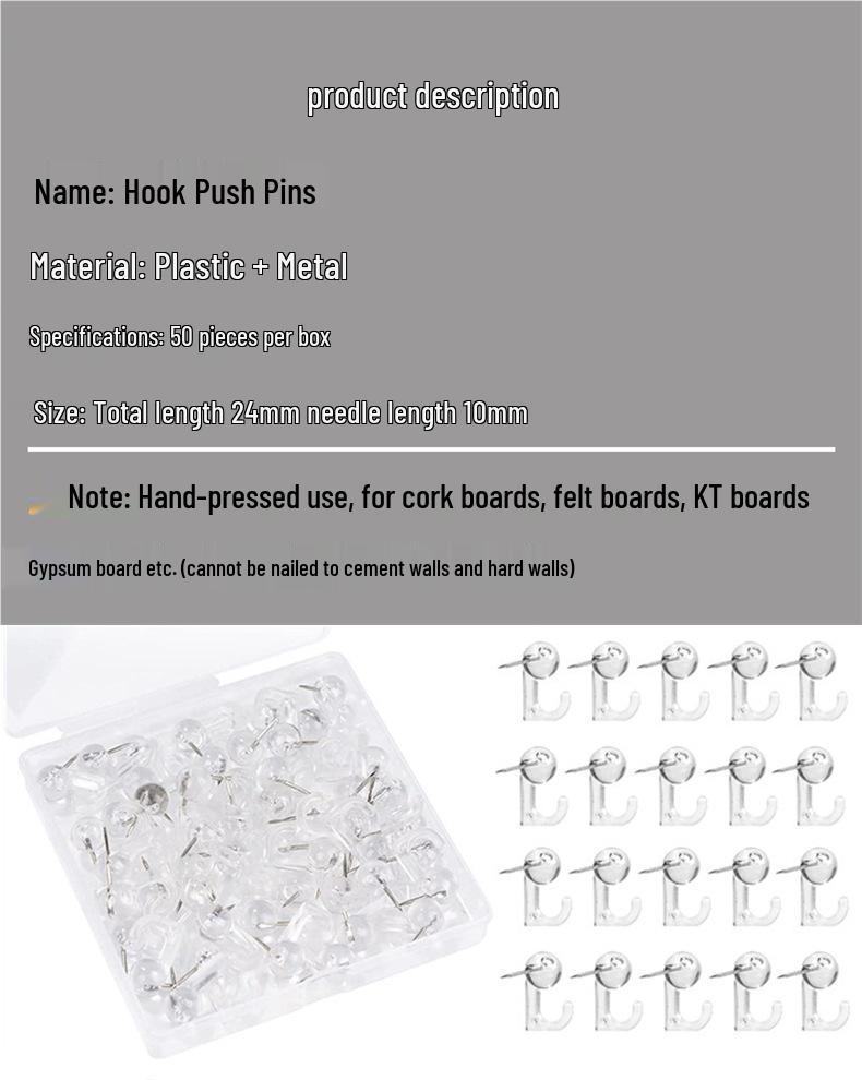 Box of 50 Transparent Push Pin Hooks for Cork and Felt Boards - T-Pins for Photos and Small Items.