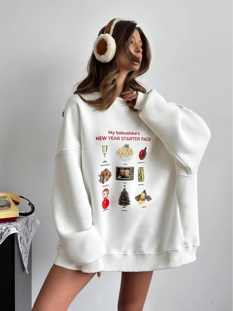 Versatile Cartoon Print Fleece-Lined Sweatshirt - Autumn/Winter Fashion