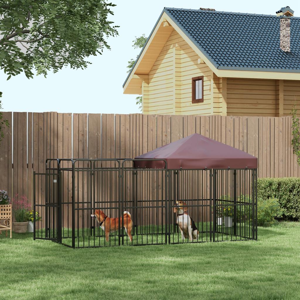 Outdoor Metal Dog Enclosure with Roof, 282x141x160.5cm, Brown