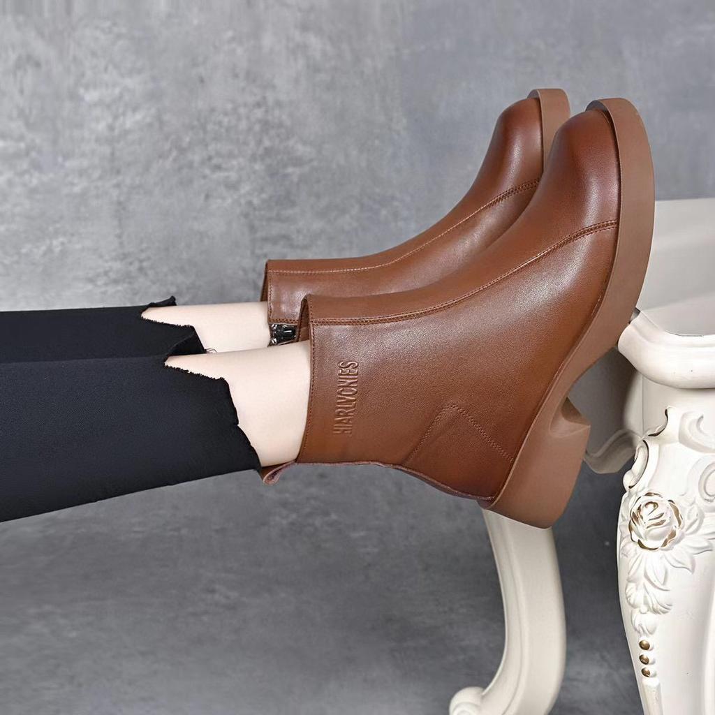 Martin Boots Women's Boots Autumn and Winter New Round Head Flat Bottom Short Boots First Layer Cowhide Casual Leather Boots Simple Big Boots