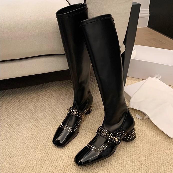 Spot Second Hair! Fashion Versatile New Square Head Rivet Rear Zipper Medium and High Elastic Boots Women's Thin Short Boots