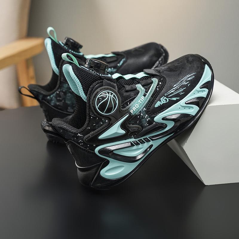 

2025 новые детские кожаные кроссовки для улицы, вращающаяся пряжка, толстая подошва, боевые, нескользящие, крутые баскетбольные кроссовки 40