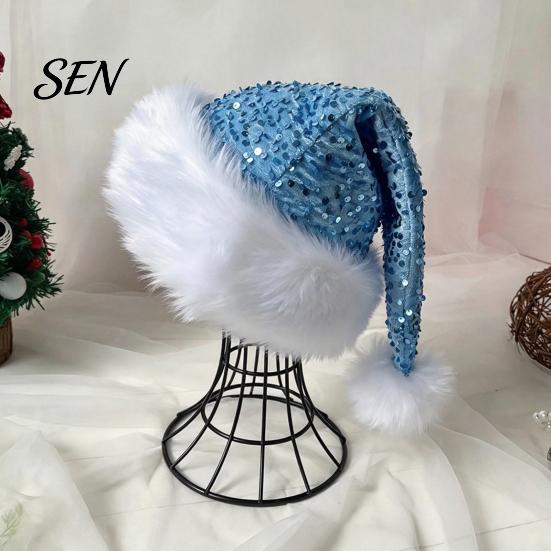 Santa Hat Christmas Sparkly for Women Men, Glitter Sequin with White Fluffy Trim Festive Costume Accessories Cosplay And Pom Pom, Holiday Party Bling