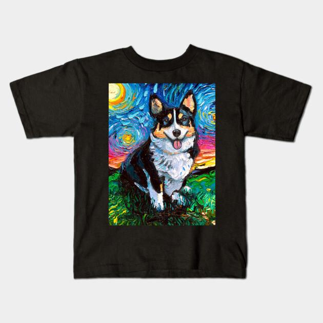 Boys Girls Soft Cotton Graphic Tees Tri Color Corgi Night Breathable Daily School Wear Kids T-Shirts