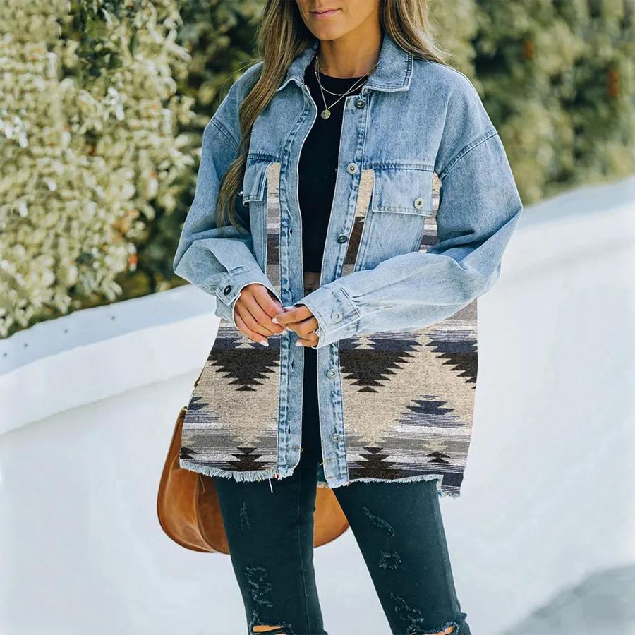 

WomenAutumn Denim Patchwork Woolen Coat Retro Furred Mid-length Jacket Women Denim Jacket Women XS
