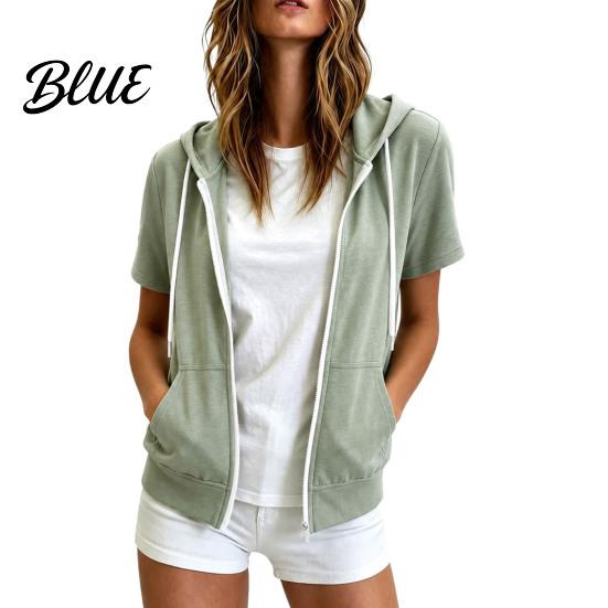 Casual Hooded Jacket Women Short Sleeve Zip-Up Hoodie Drawstring Sweatshirt Athletic Workout Top for Summer Lightweight Coat with Pockets Breathable