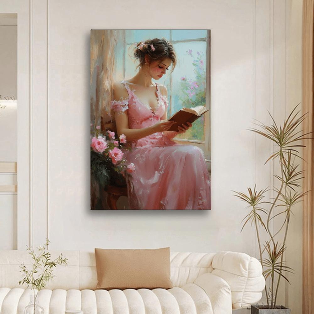 1 buc Poster Vintage Elegant Femeie Citind, Artă pe Pânză Femeie în Stil Victorian cu Flori, Ideal pentru Casă și Birou, Decor Cameră