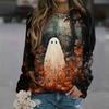 Halloween Ghost Pattern T-shirt, Fashionable Casual Women's Long-sleeved Top