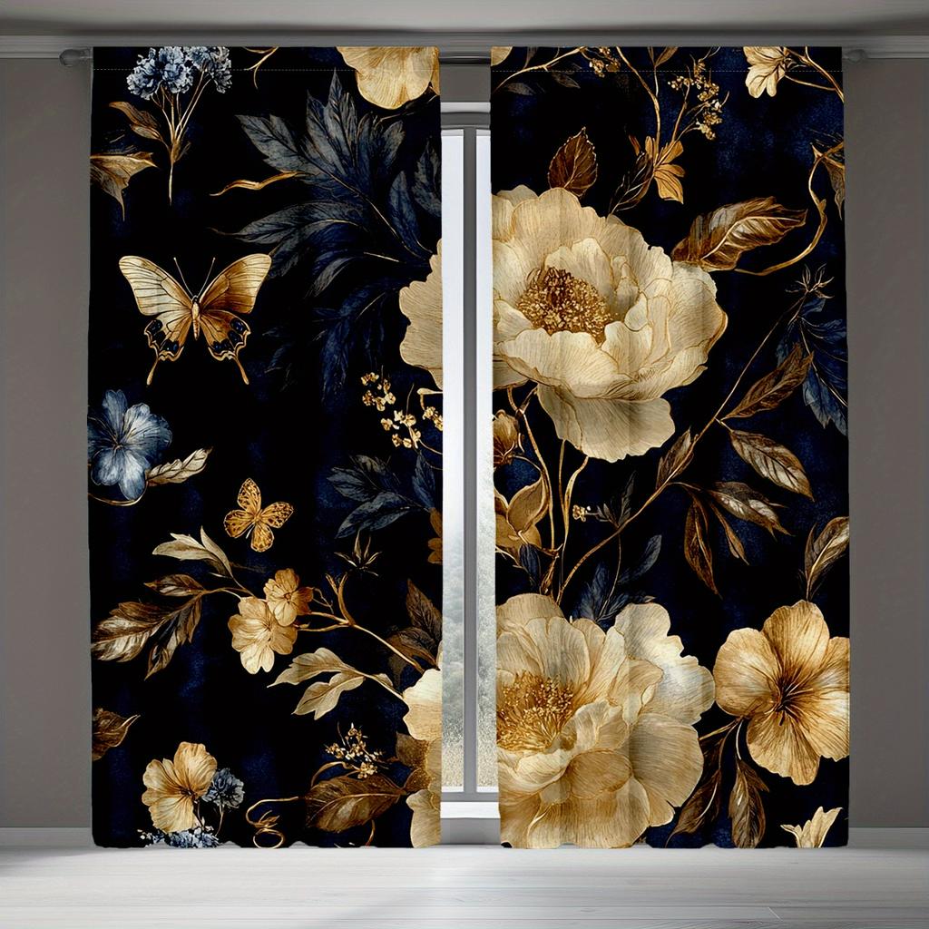 2pc Vintage peony butterfly pattern curtains, polyester fabric machine washable, suitable for bedroom and living room decoration