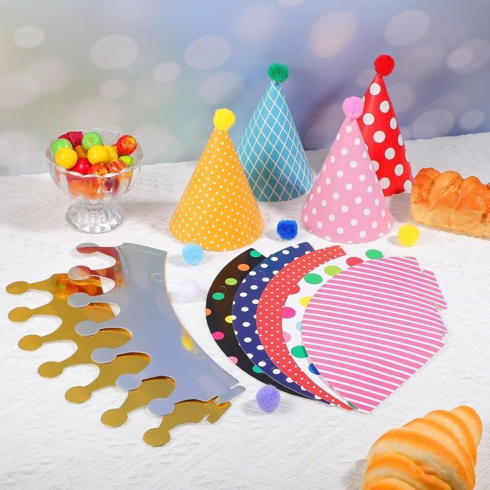 Polka Dot Birthday Party Hats with Pom Poms Paper Party Cone Hats Colorful DIY Handmade Birthday Crown Hat Kids Birthday Party