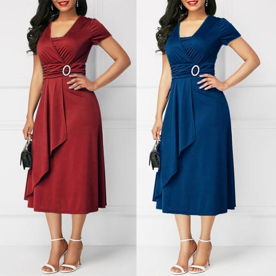 Party Damen Große Größen Einfarbige Kurzarm V-Ausschnitt Asymmetrisches Midi-Kleid