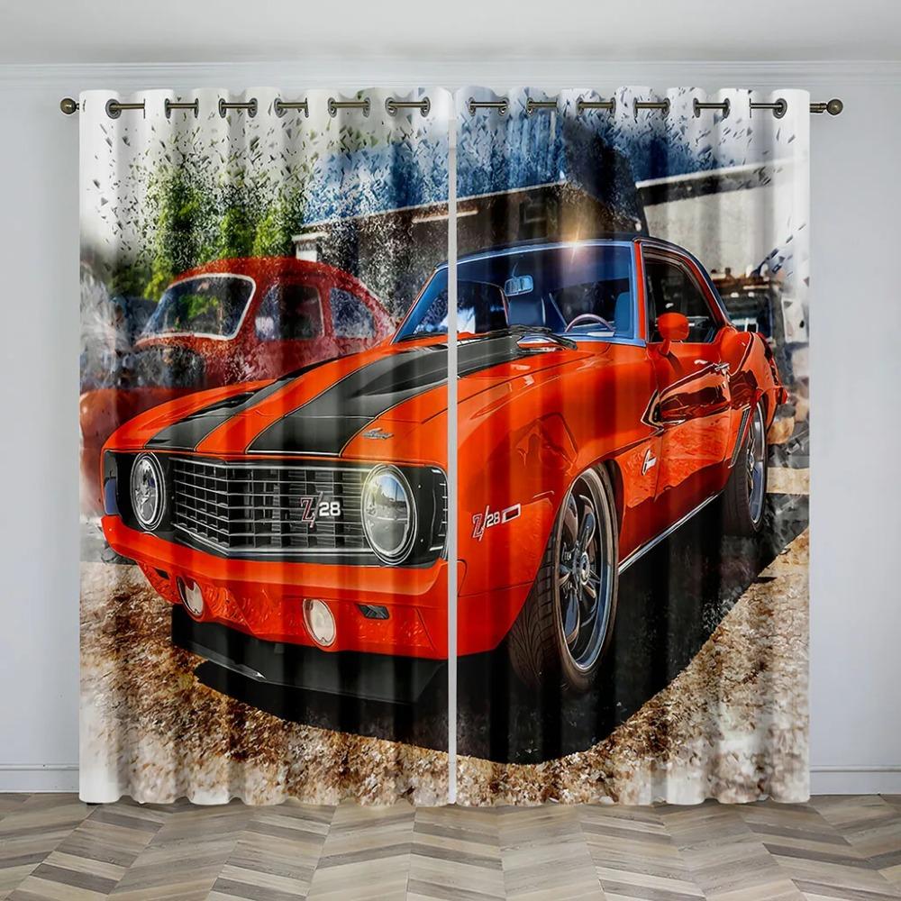 2Panel Racing Car Flag Print Curtains for Bedroom Living Room Floor-to-ceiling Window Kitchen Blinds Grommet Top Cortinas Drape