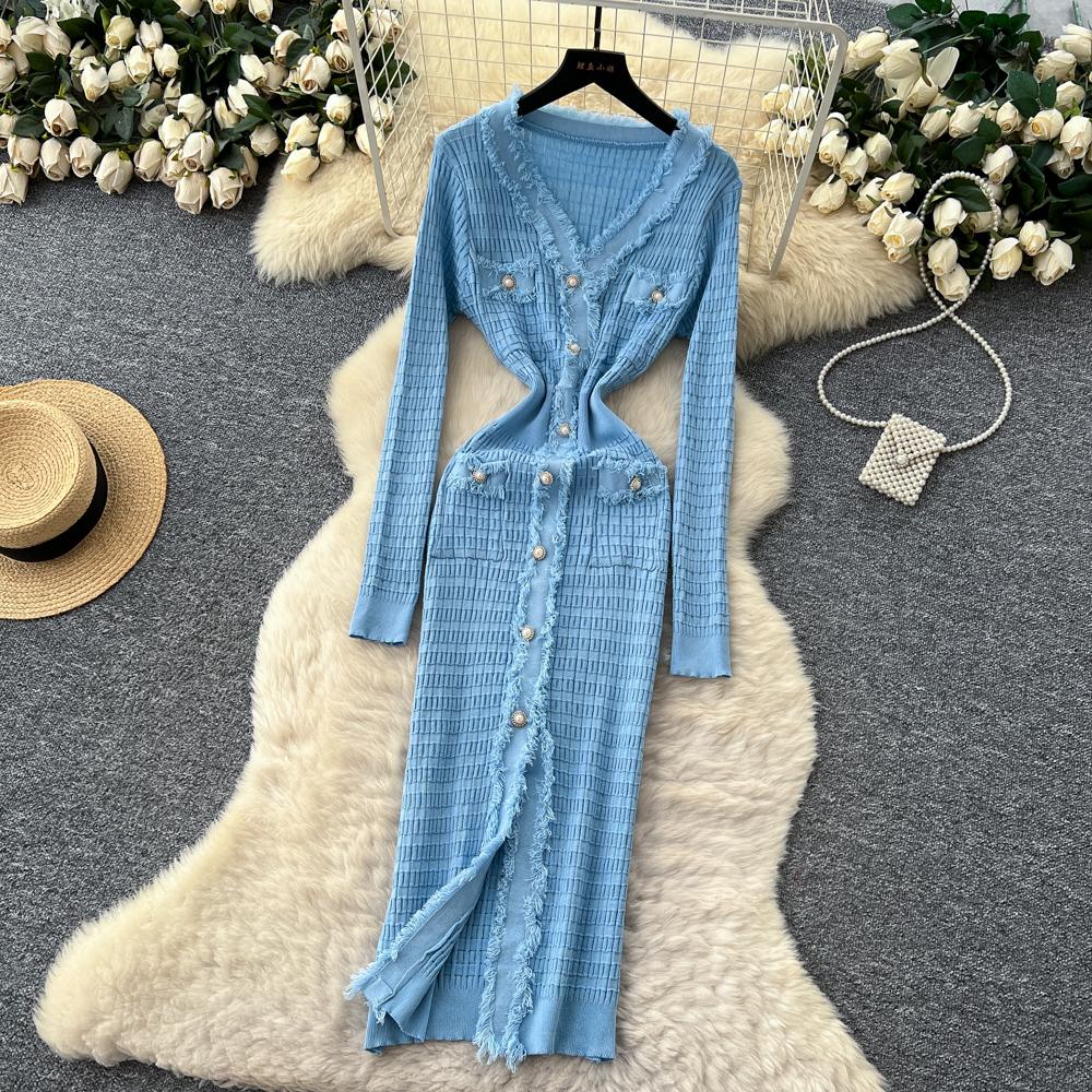 Neue Damenkleider Herbst Winter Vintage Patchwork Strick-Midikleid Elegant V-Ausschnitt Damen Rüschenhemd Pulloverkleid