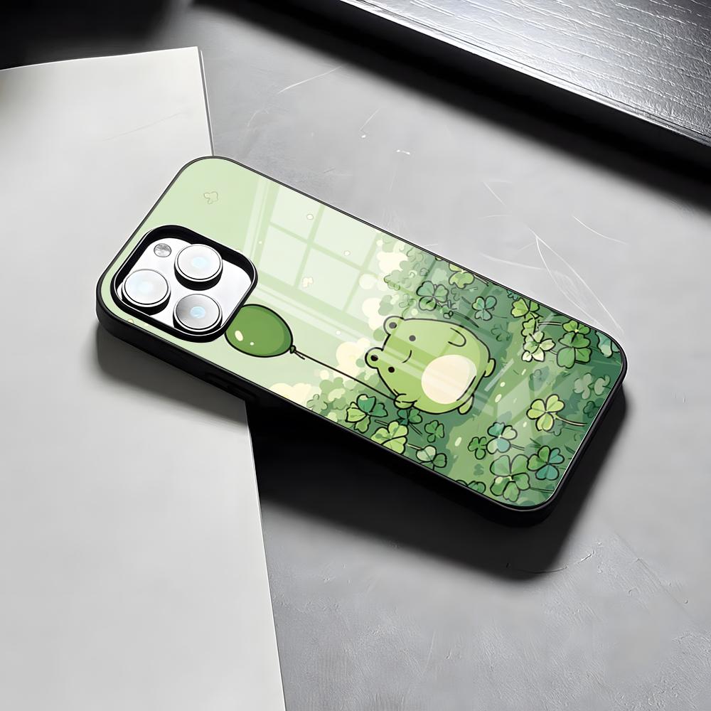 Cute Green Frog Phone Case For IPhone 17 Pro Max 15 Pro 16 14 Plus 12 13 Mini 11 Pro Shockproof Glass Cover