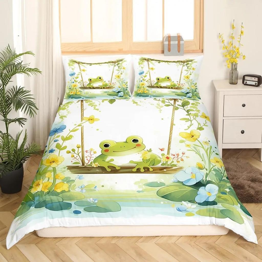 Kawaii Kikkers Dekbedovertrek King Queen Cartoon Dieren Thema Beddengoed Set Grappige Wildernis Dekbedovertrek Kinderkamer Zacht Dekbedovertrek