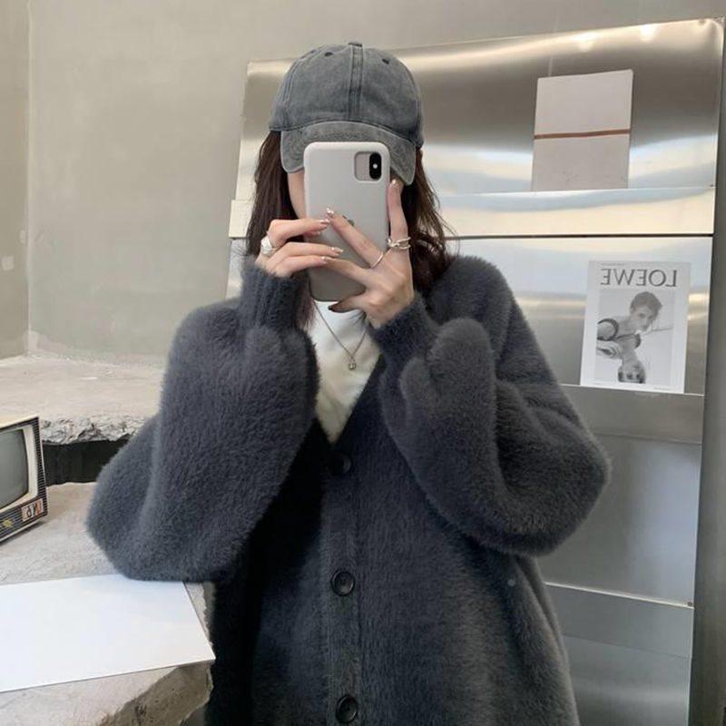 Dámský pletený kardigan z norkového rouna v korejském stylu - Volný, plyšový šálový svetr kabát