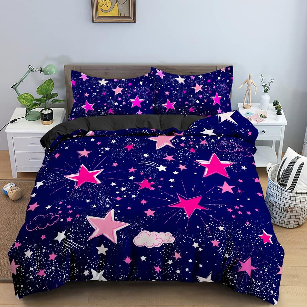 Kawaii Glitter Stars Duvet Cover Twin Queen Psychedelic Space Cosmos Starry Sky Comforter Cover Colorful Star Galaxy Bedding Set